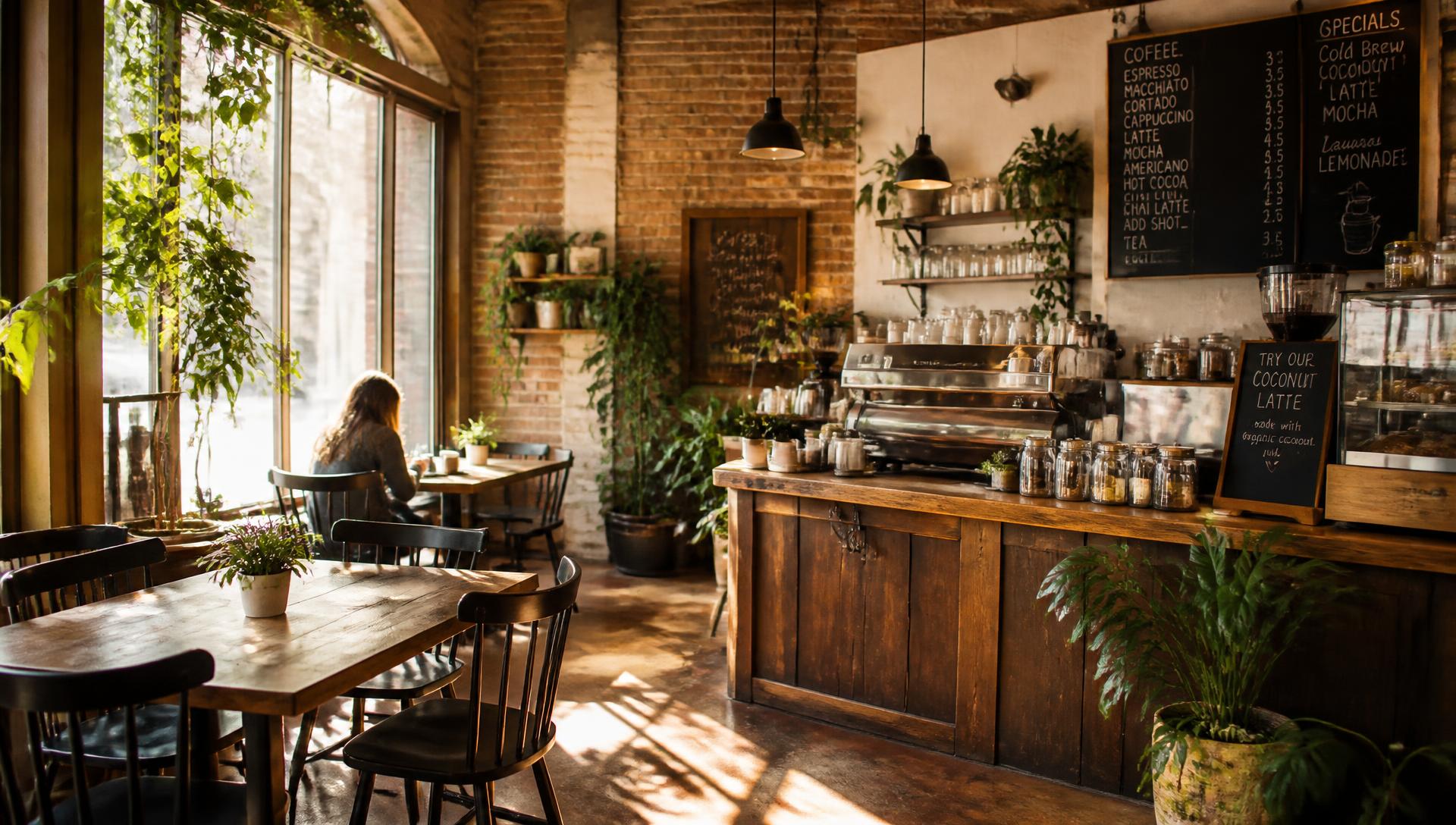Sunlit interior of The Velvet Grind Café with warm wood, plants, and a welcoming espresso bar
