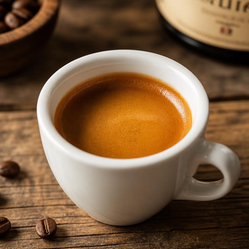 A perfect espresso shot with golden crema in a white ceramic cup