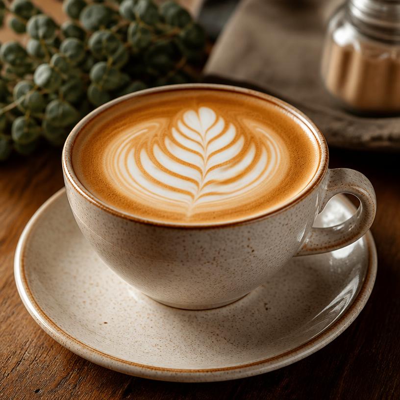 Latte art in a ceramic cup with a delicate rosetta pattern