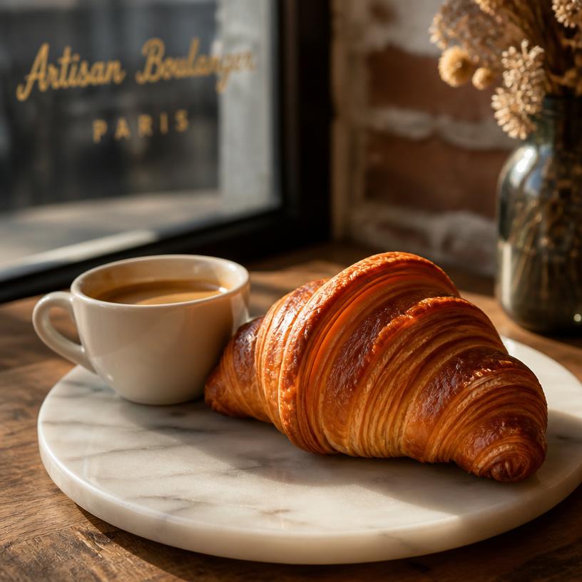A freshly baked buttery croissant with a small espresso cup