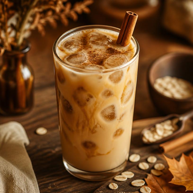 Iced spiced maple oat latte with a cinnamon stick